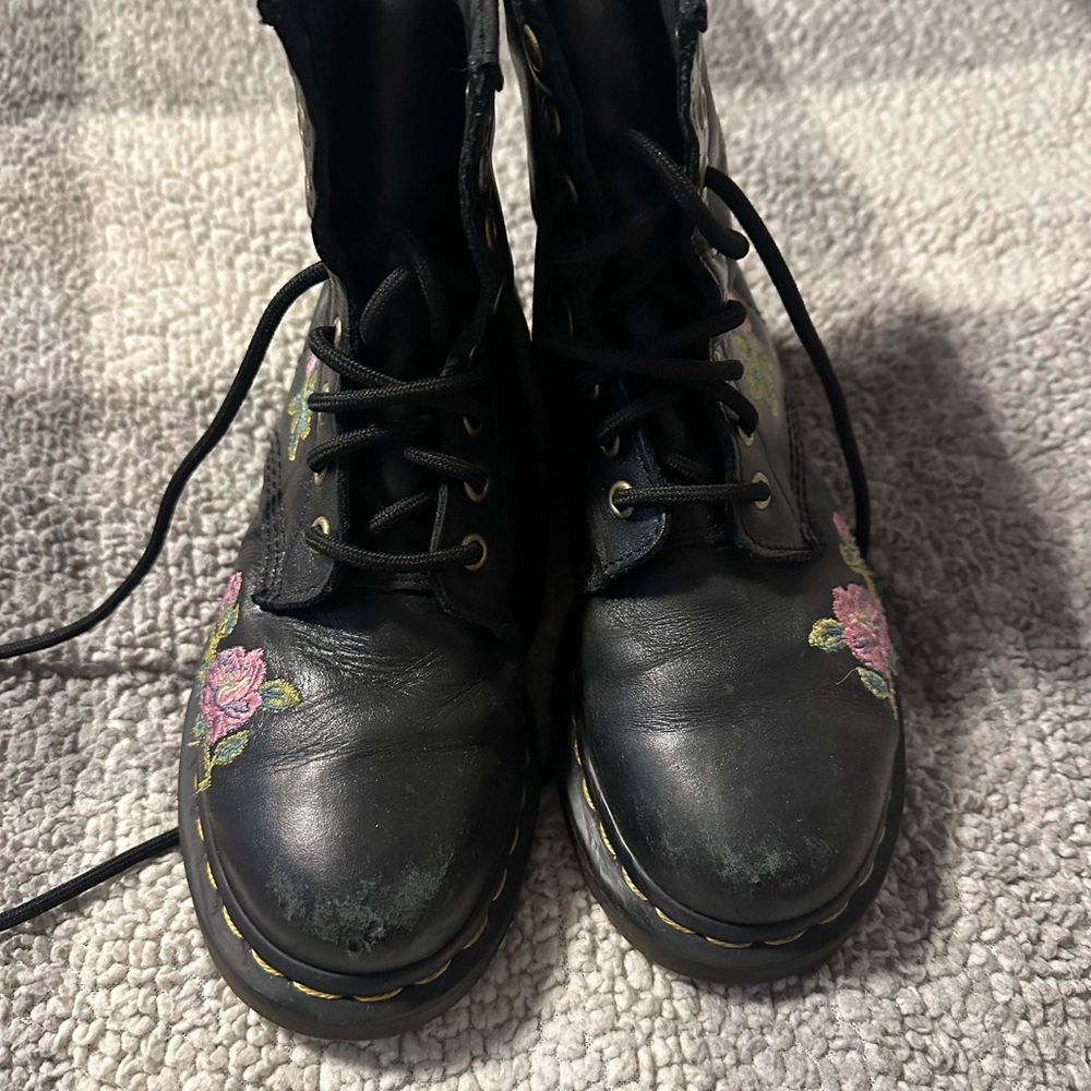 Girls Dr. Martens Black Boots with Pink Floral Embroidery